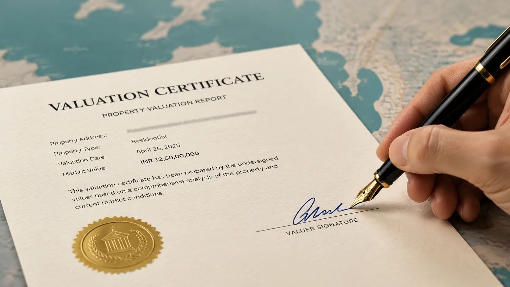 A close-up of a hand signing a valuation certificate with a pen, with a blurred map of Mumbai in the background