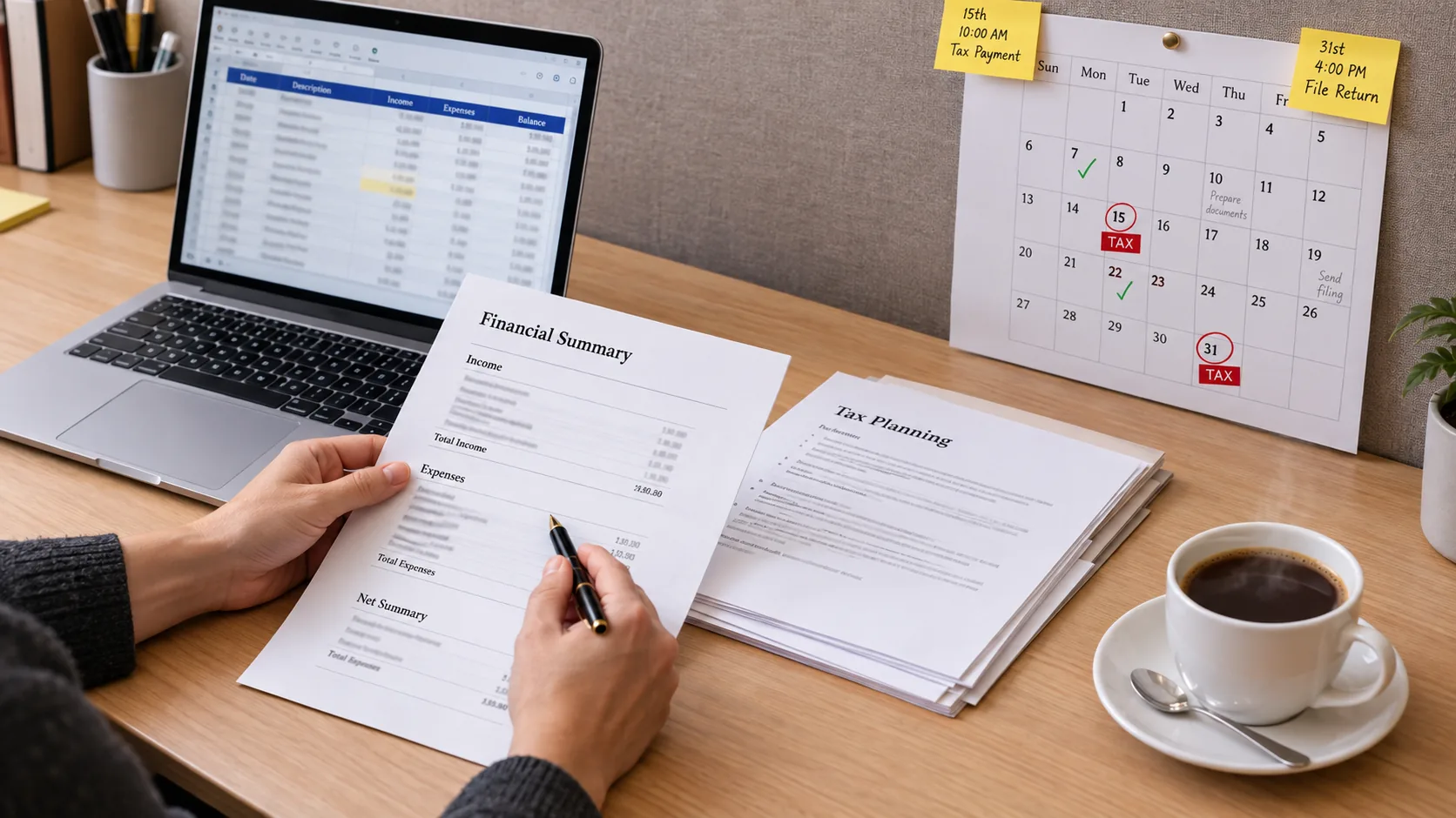 A person reviewing documents on a laptop, with a calendar marked for tax deadlines and a coffee cup, depicting focused tax preparation
