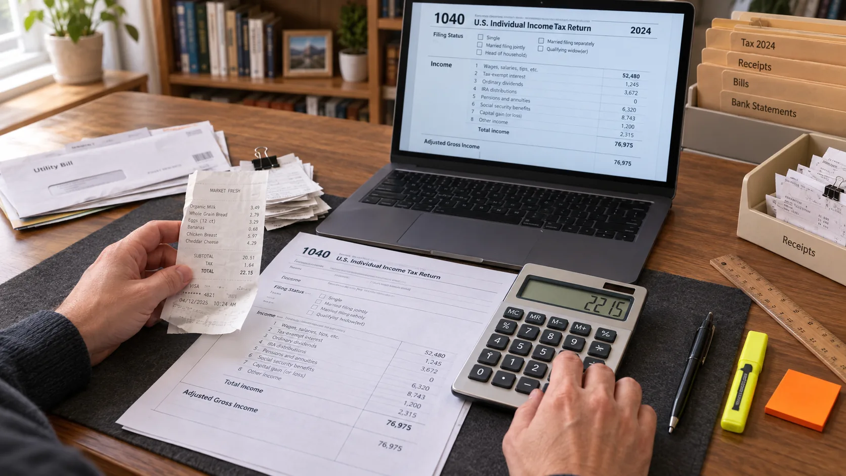 A person meticulously reviewing documents and receipts, with a calculator and a laptop displaying a tax form on a desk, representing careful tax preparation